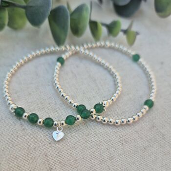 Sterling Silver May Emerald Personalised Heart Bracelet Set Of Two Stacking Bracelets: May Birthstone Stacking Jewellery, 7 of 7