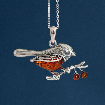 Personalised Sterling Silver Robin Necklace With Baltic Amber, 3 of 9