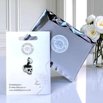 Small Skull Coffee Cup Halloween Enamel Pin Badge, 2 of 8