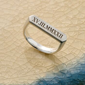 Roman Numerals Bar Silver Signet Ring, 6 of 10