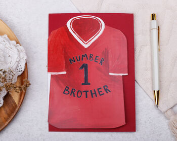 Football Number One Brother Birthday Card With Blue Or Red T Shirt Design, 6 of 8