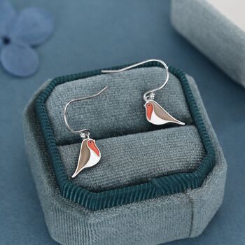 Enamel Robin Bird Drop Hook Earrings In Sterling Silver, 3 of 12