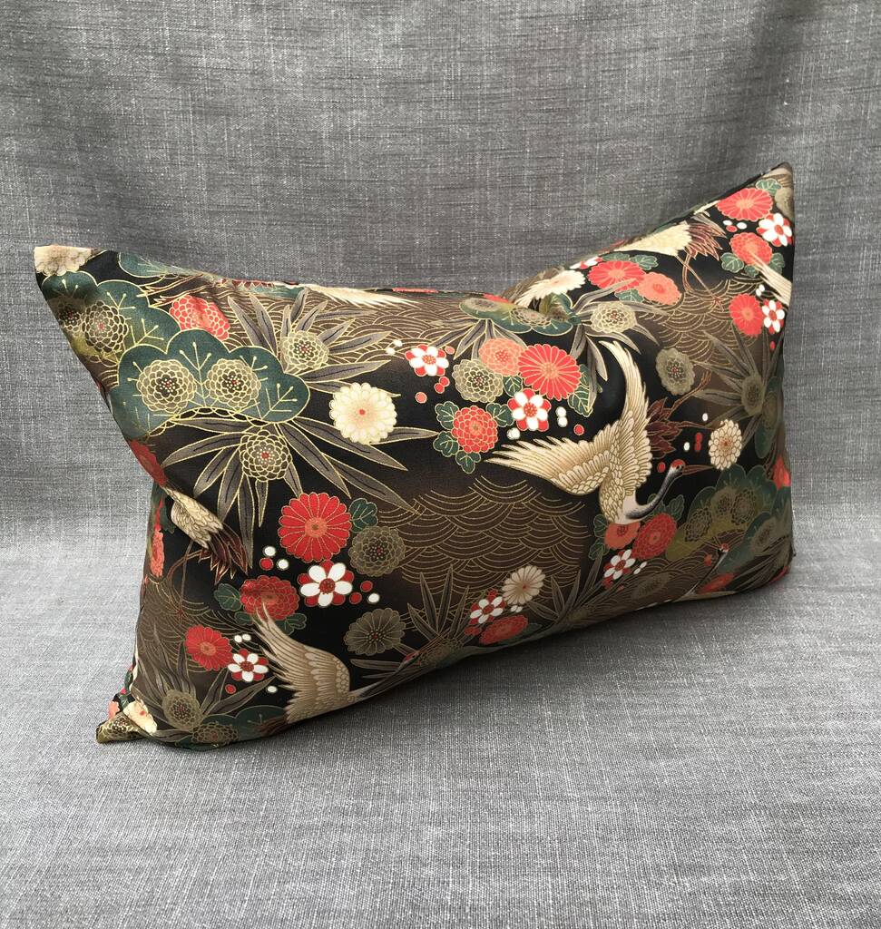 Japanese Floral Crane Cotton Cushion By Lily King