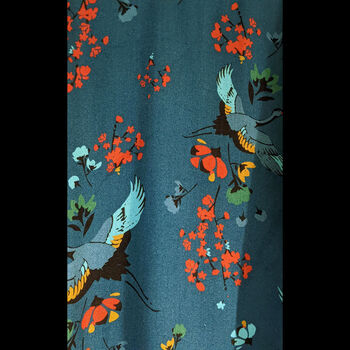 Crane Dance Teal Long Kimono ~ Japanese Inspired Bird And Flower Print Robe, 3 of 11