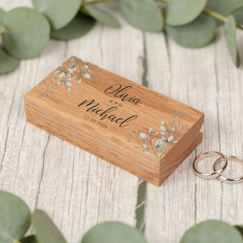 Personalised Botanical Wreath Wedding Oak Wooden Double Ring Box, 2 of 3