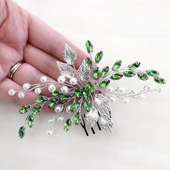Silver Leaf And Green Crystal Hair Comb, 2 of 5