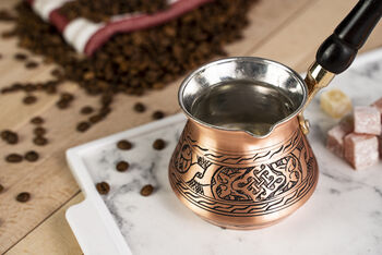 Handmade Dark Copper Turkish Coffee Pot Wooden Handle, 2 of 3