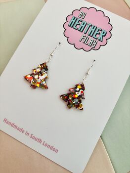 Gold, Silver And Red Christmas Tree Glitter Resin Earrings / Traditional Holiday Jewellery / Christmas Gift / Secret Santa Gift, 9 of 10