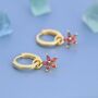 Sterling Silver Garnet Red Flower Cz Huggie Hoop, thumbnail 4 of 12