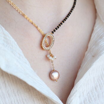 Half Black Bead Gold Plated Oval Pearl Y Shape Lariat Mangalsutra, 2 of 8