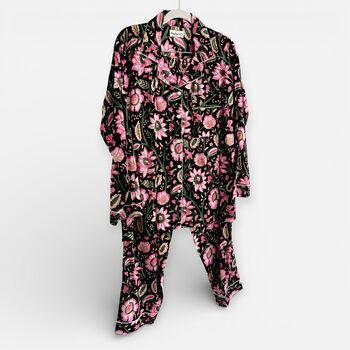 Black And Pink Block Print Floral 100% Cotton Ladies Pyjamas, 8 of 8
