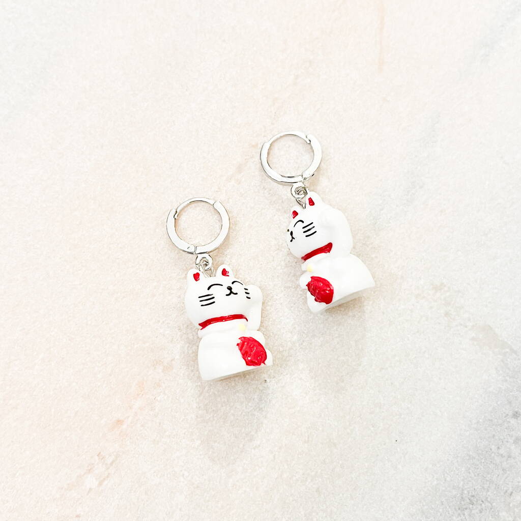 Lucky Neko Cat Charm Hoop Earrings