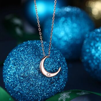 Crescent Moon With Starburst Cz Necklace, 6 of 11