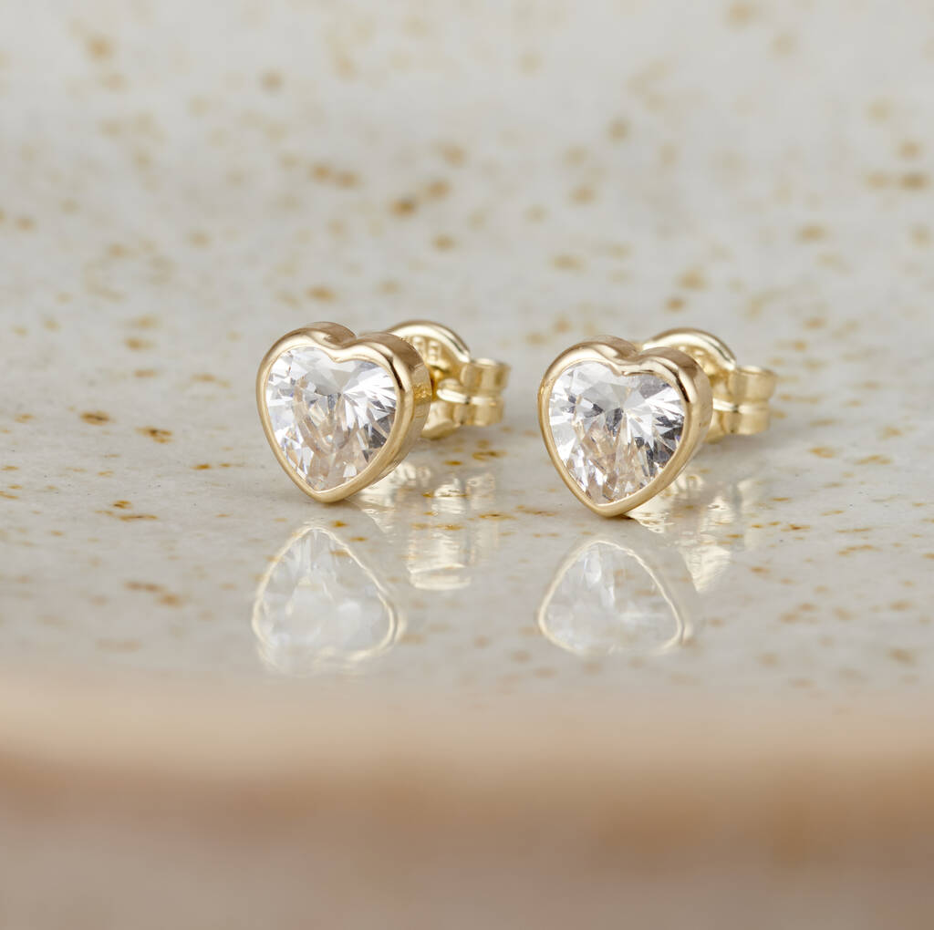 Heart 9ct Gold Stud Earrings With Cubic Zirconia By Posh Totty Designs