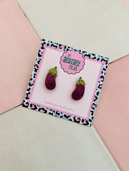 Aubergine Glitter Resin Studs / Chef Gift / Fun Food Inspired Jewellery / Handmade Resin Earrings, 3 of 5