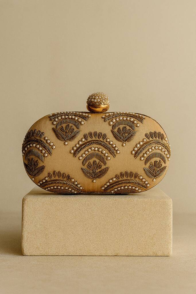 Valeria Gold Embroidered Embellished Oval Clutch Bag, 1 of 8