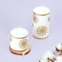 G Decor Snow White Pillar Candle With Gold Snowflakes, thumbnail 2 of 7