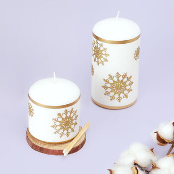 G Decor Snow White Pillar Candle With Gold Snowflakes, 2 of 7