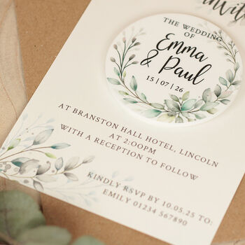 Botanical Wreath Wedding Invitation Magnet, 2 of 3