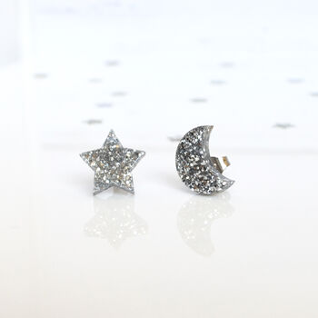 Laser Cut Celestial Glitter Star Moon Earrings Studs, 2 of 6