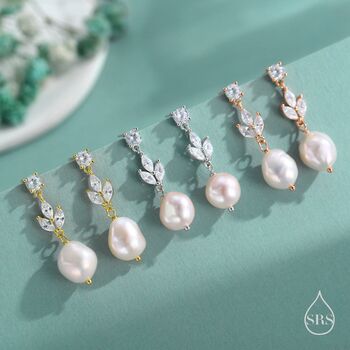 Sterling Silver Cz And Genuine Freshwater Pearl Drop Earrings, 4 of 11
