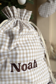 Personalised Beige Gingham Gift Sack Embroidered, 3 of 8
