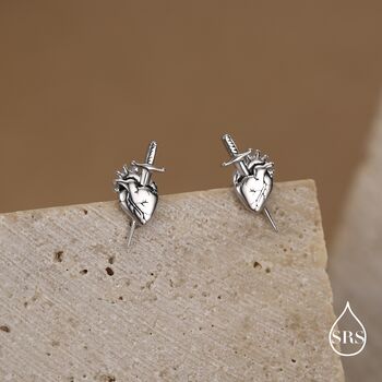 Sterling Silver Anatomical Heart Dagger Stud Earrings, 5 of 12
