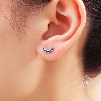 Sterling Silver Sapphire Blue Cz Curved Bar Tiny Stud Earrings, 12 of 12