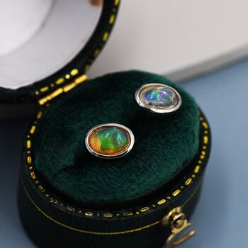 Genuine Ethiopian Opal Stone Oval Stud Earrings, 6 of 12