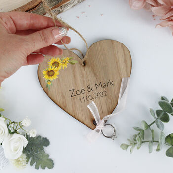 Sunflower Wedding Ring Bearer Wooden Heart, 4 of 10