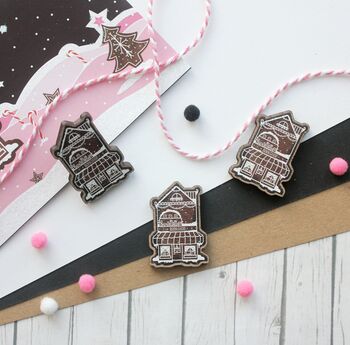 Christmas Wooden Pin Badge, Gingerbread Bookshop, 3 of 6