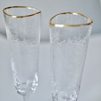 Pair Of Gold Rimmed Hammered Champagne Flutes, 2 of 5