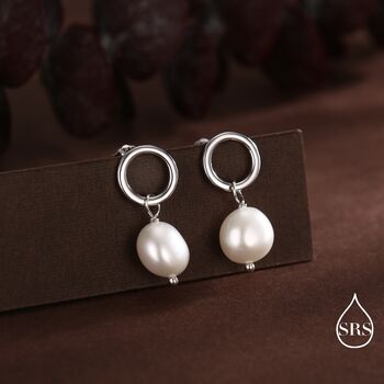 Sterling Silver Circle With Dangling Baroque Pearl Drop Stud Earrings, 3 of 12