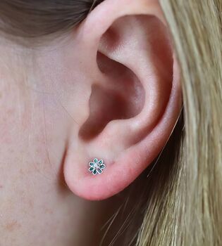 Tiny Sterling Silver Teal Flower Stud Earrings, 4 of 8