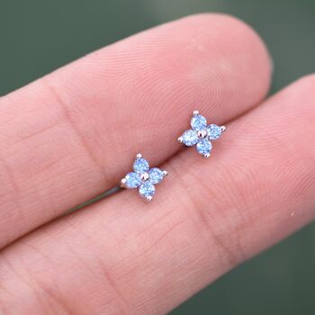 Aquamarine Blue Cz Flower Stud Earrings, 4 of 11