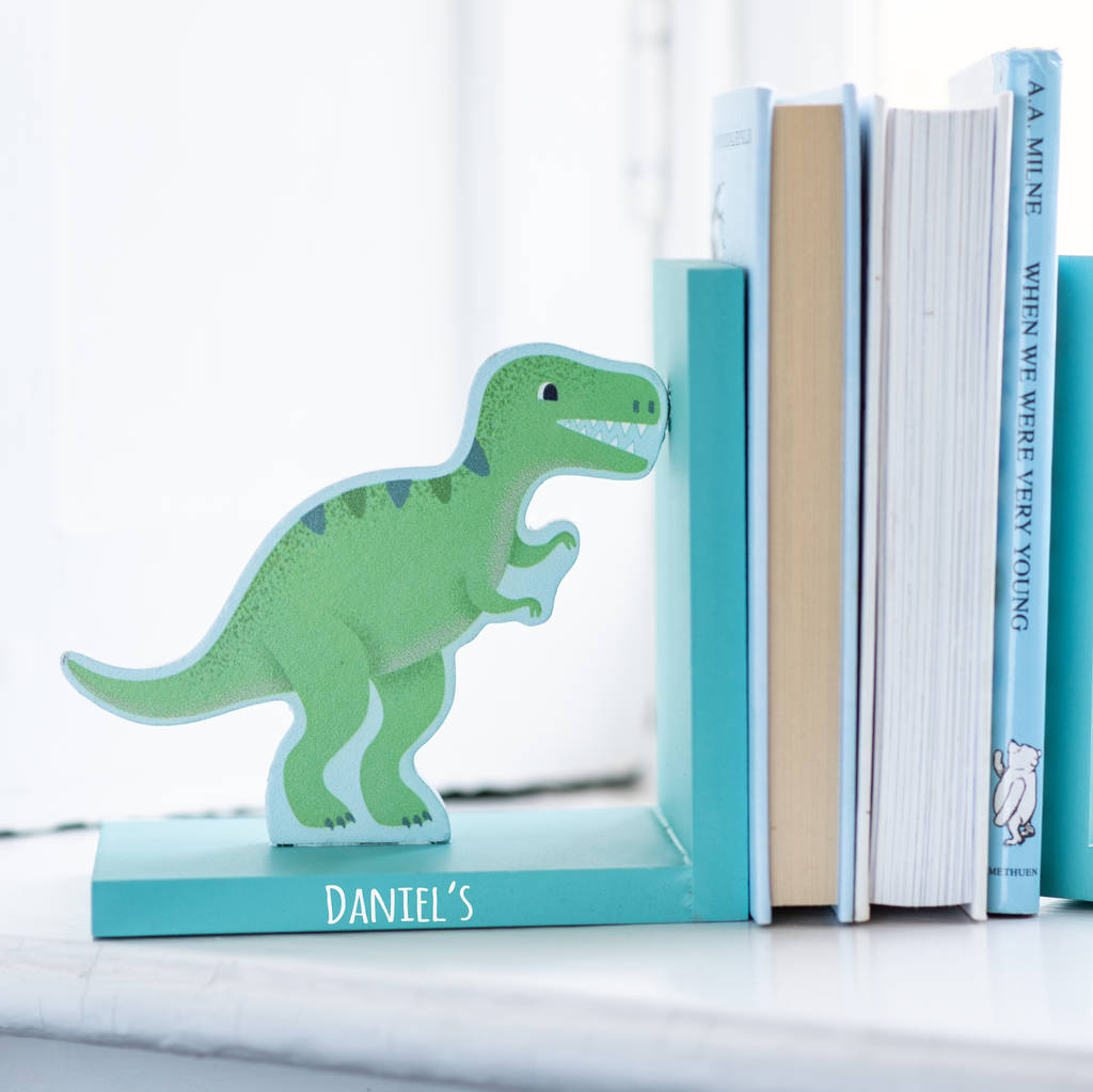 personalised dinosaur wooden bookends by thelittleboysroom
