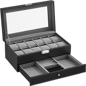 Two Tier 12 Slots Watches Box Case With One Drawer, 6 of 12