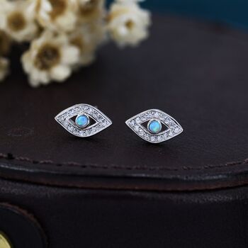 Sterling Silver Blue Opal Evil Eye Stud Earrings, 6 of 11