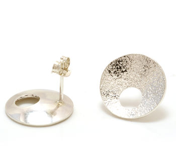 Concave Textured Silver Post Earrings With Hole Detail, 4 of 6