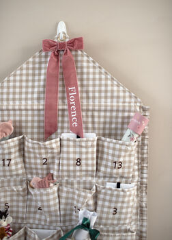 Personalised Beige Gingham Ruffle Advent Calendar Velvet Bow, 3 of 9