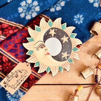 Set Of Three Wooden Sun And Moon Bohemian Wall Mirrors, 8 of 8
