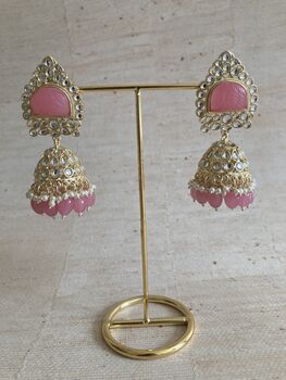 Pink Gold Kundan Jhumki Indian Earrings, 2 of 7