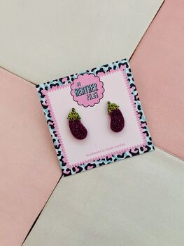 Aubergine Glitter Resin Studs / Chef Gift / Fun Food Inspired Jewellery / Handmade Resin Earrings, 5 of 5