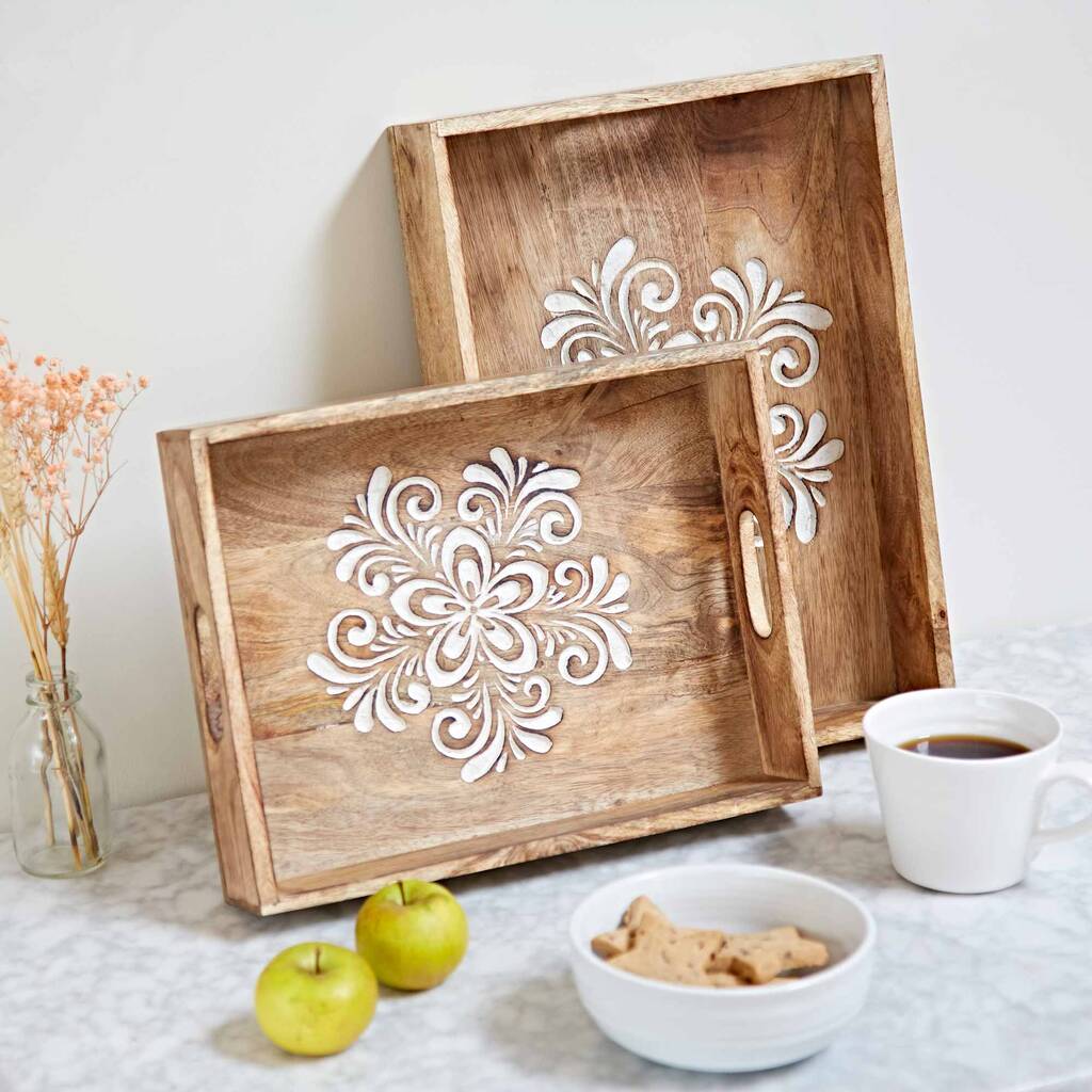 Floral Carved Natural Mango Wood Tea Tray, 1 of 7