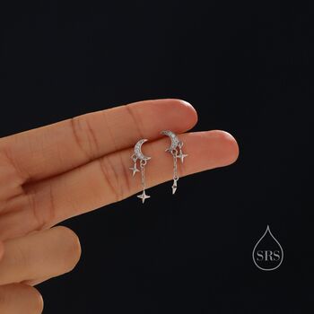 Moon And Dangling Star Stud Earrings In Sterling Silver, 4 of 11