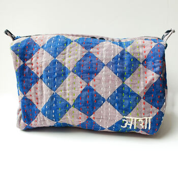 Handmade Toiletry Bag, Navy Kantha Stitch Sari Fabric, 7 of 9