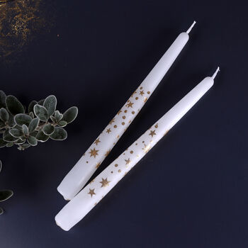 G Decor Set Of Two Hand Finished White Gold Starlit Dinner Candles Gold Glitter Stars Taper Candles Set, 4 of 5