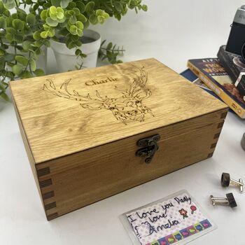 Personalised Wooden Stag Cufflink And Watch Box, 2 of 9