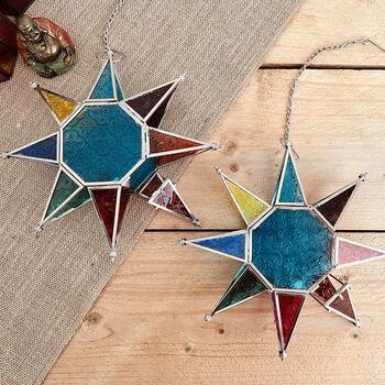 Hanging Moroccan Star Tea Light Candle Holder In Blue, 5 of 9
