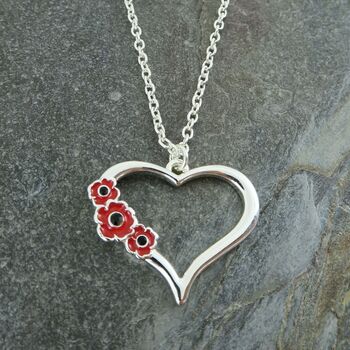 Poppy Red Flowers On Heart Pendant Necklace, 2 of 3